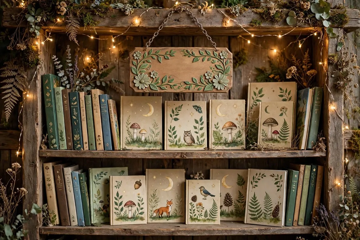15 Fairy Library Setups for a Magical Story-Book Corner 10 A hand-painted wooden sign with carved flowers hanging above a bookshelf