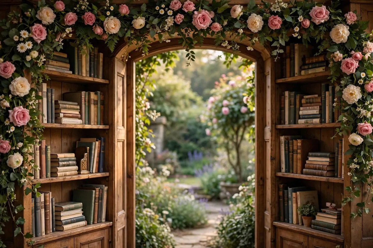 15 Fairy Library Setups for a Magical Story-Book Corner 11 A pink and cream floral garland framing a bookshelf doorway