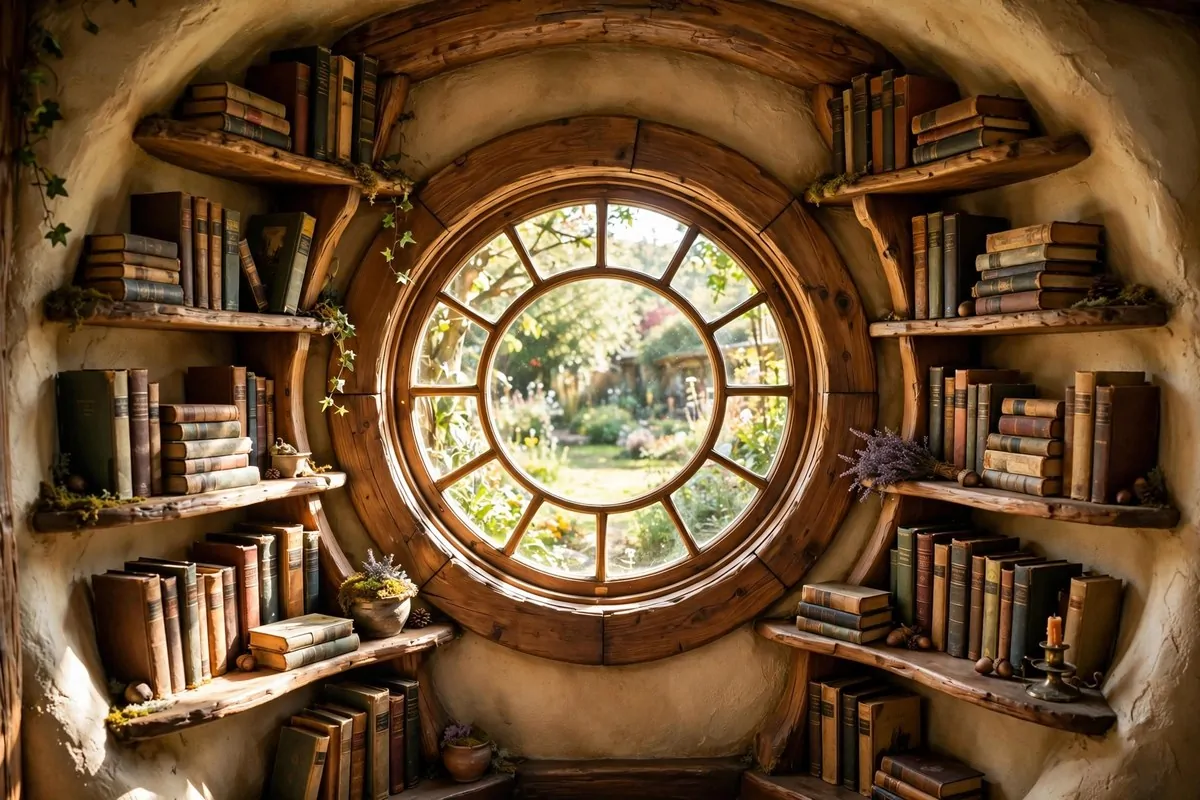 15 Fairy Library Setups for a Magical Story-Book Corner 12 A round hobbit-style window with curved wooden shelves holding storybooks