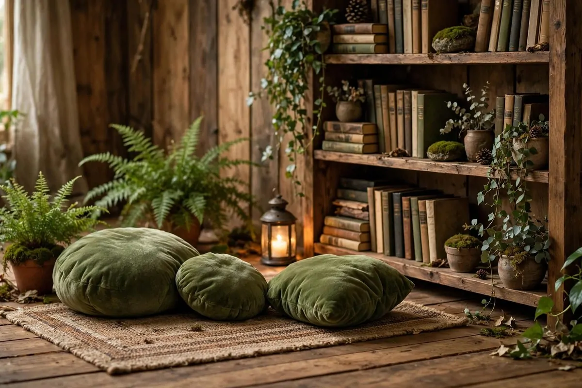 15 Fairy Library Setups for a Magical Story-Book Corner 13 Moss-green floor cushions and a glowing lantern beside a bookshelf
