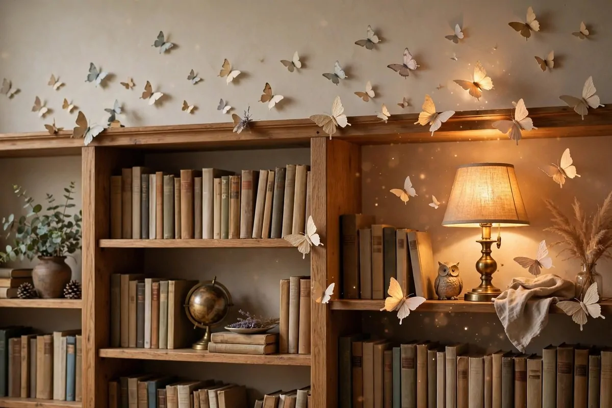 15 Fairy Library Setups for a Magical Story-Book Corner 14 Delicate butterfly wall decals fluttering above bookshelves