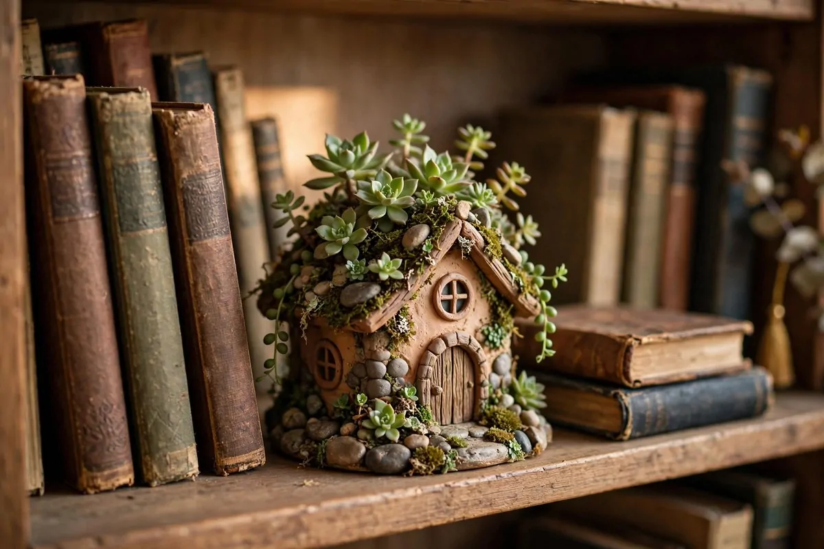15 Fairy Library Setups for a Magical Story-Book Corner 15 A tiny fairy house planter with succulents between old storybooks