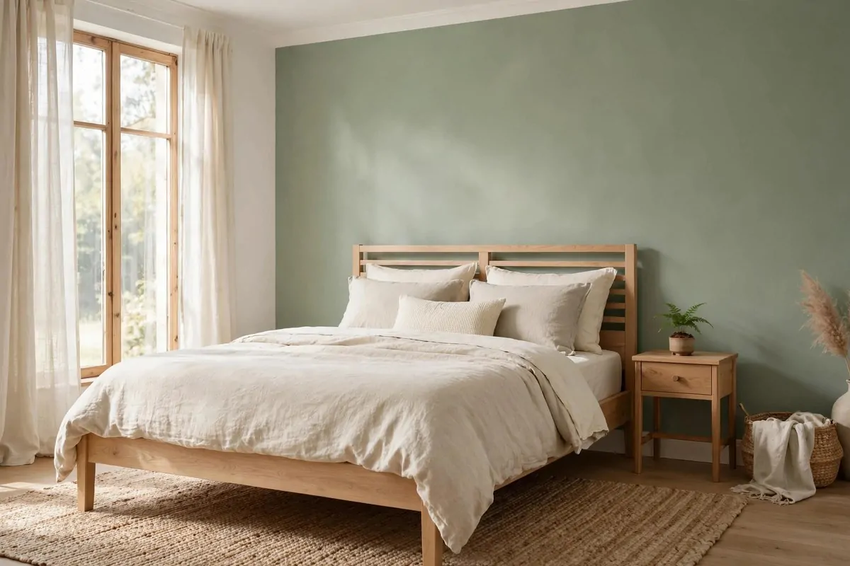 15 Greenery Bedroom Ideas That Will Turn Your Room Into a Dreamy Indoor Oasis! 1 Sage green bedroom accent wall behind a wooden bed with cream bedding