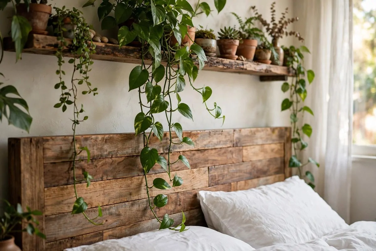 15 Greenery Bedroom Ideas That Will Turn Your Room Into a Dreamy Indoor Oasis! 2 Trailing pothos plants on a shelf above a wooden bed headboard