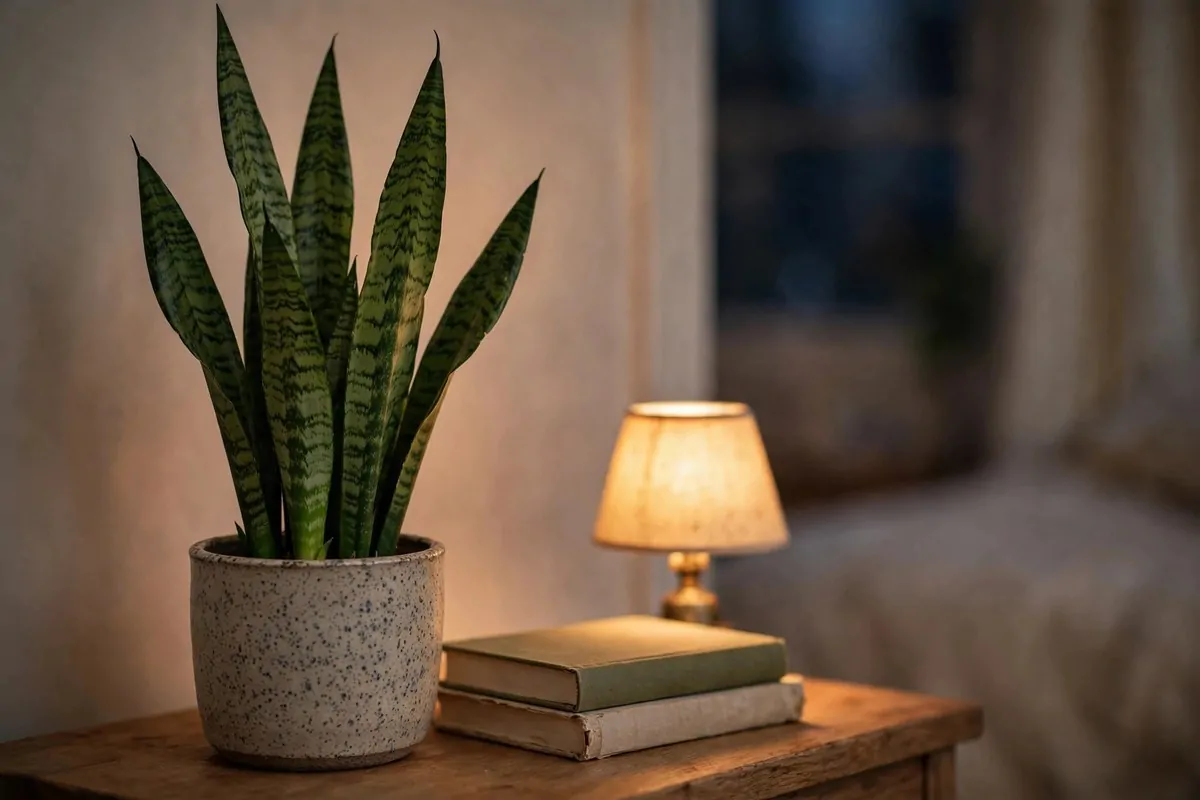 15 Greenery Bedroom Ideas That Will Turn Your Room Into a Dreamy Indoor Oasis! 3 Snake plant in a ceramic pot on a bedroom nightstand next to a lamp