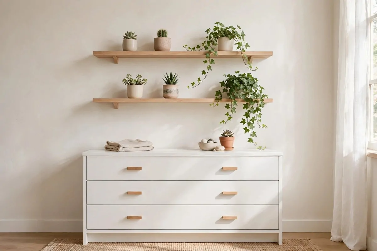 15 Greenery Bedroom Ideas That Will Turn Your Room Into a Dreamy Indoor Oasis! 4 Floating wooden shelves with small potted plants above a bedroom dresser