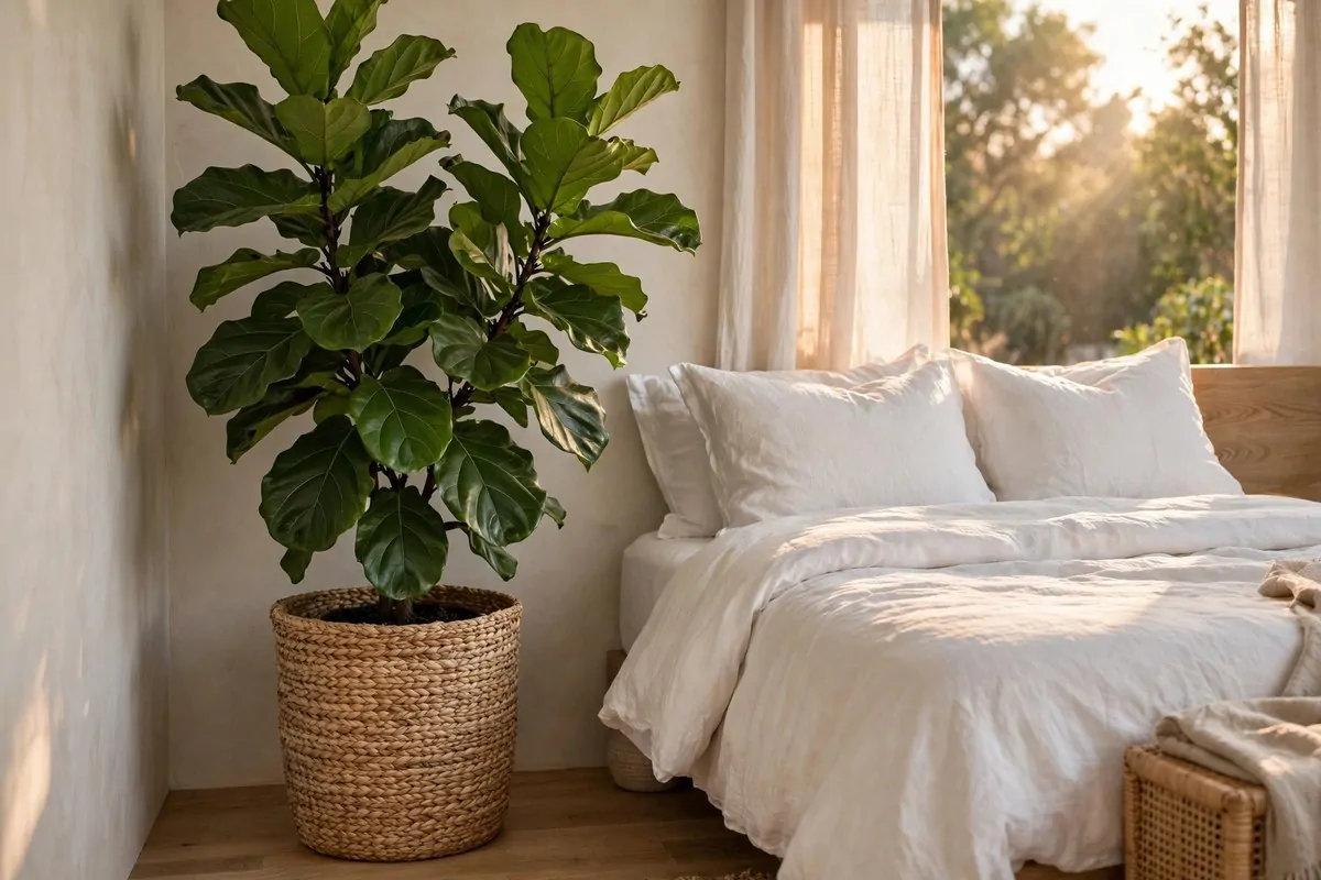 15 Greenery Bedroom Ideas That Will Turn Your Room Into a Dreamy Indoor Oasis! 5 Large fiddle-leaf fig tree in a woven basket in a bedroom corner