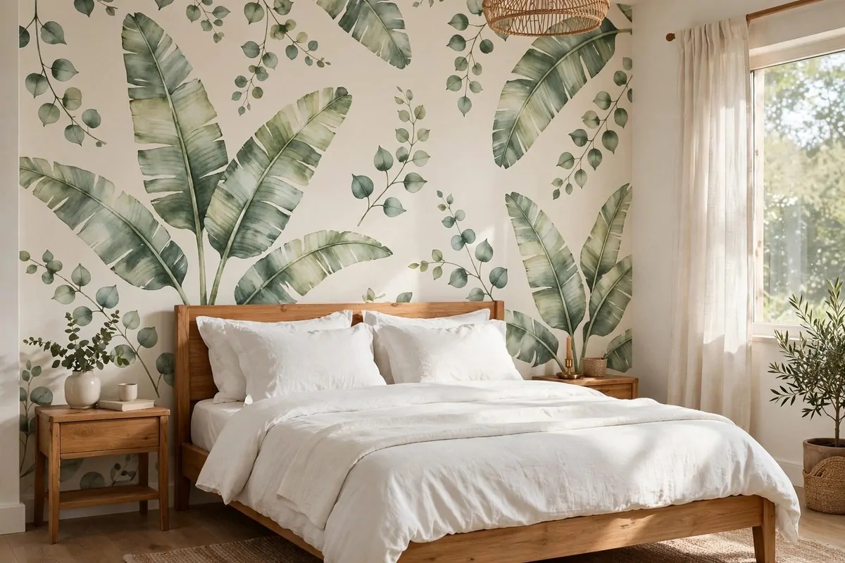 15 Greenery Bedroom Ideas That Will Turn Your Room Into a Dreamy Indoor Oasis! 6 Botanical banana leaf wallpaper feature wall behind a bedroom bed