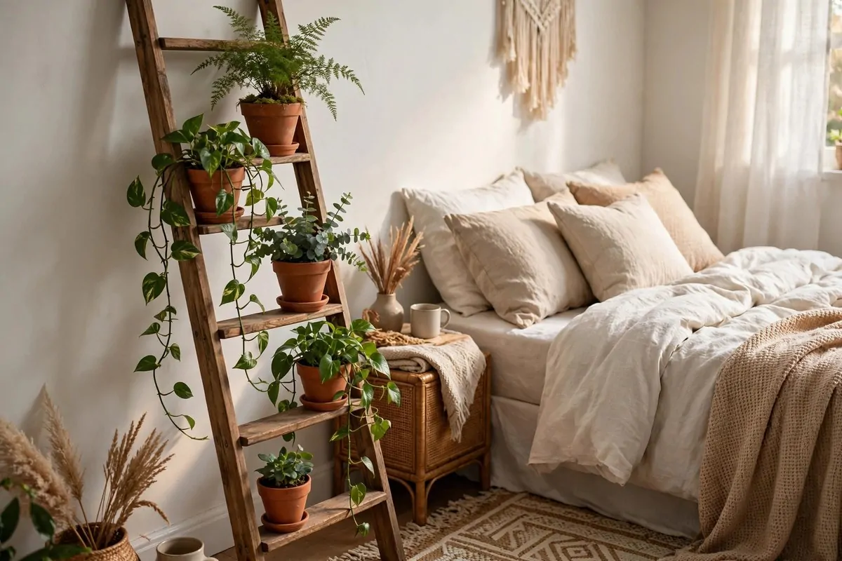 15 Greenery Bedroom Ideas That Will Turn Your Room Into a Dreamy Indoor Oasis! 7 Wooden ladder shelf with potted plants in a bedroom corner