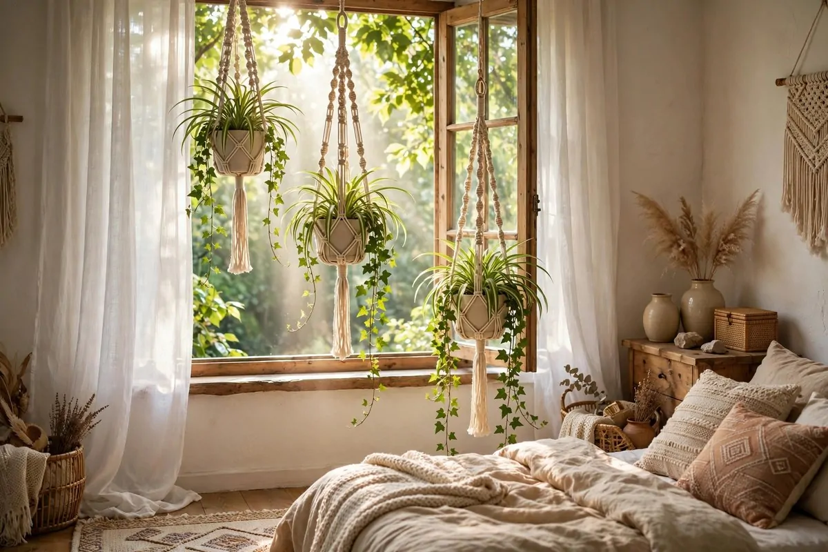 15 Greenery Bedroom Ideas That Will Turn Your Room Into a Dreamy Indoor Oasis! 8 Macrame hanging planters with spider plants by a bright bedroom window
