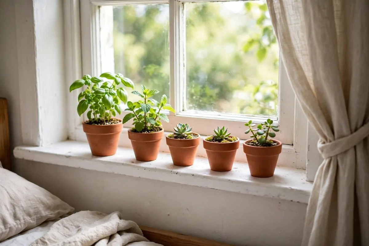 15 Greenery Bedroom Ideas That Will Turn Your Room Into a Dreamy Indoor Oasis! 9 Small herb pots and succulents lined on a bright bedroom windowsill