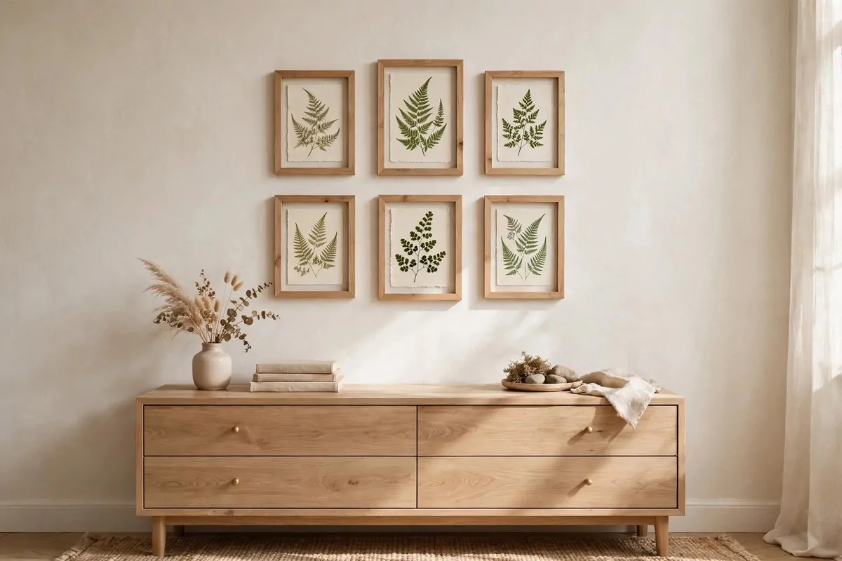 15 Greenery Bedroom Ideas That Will Turn Your Room Into a Dreamy Indoor Oasis! 10 Gallery wall of framed pressed fern leaves above a bedroom dresser