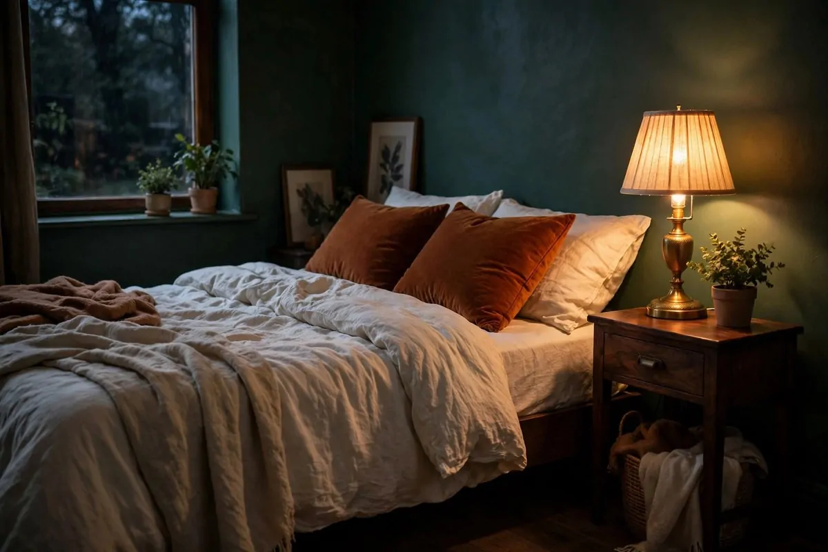 15 Greenery Bedroom Ideas That Will Turn Your Room Into a Dreamy Indoor Oasis! 11 Moody dark forest green bedroom with brass lamp and velvet pillows