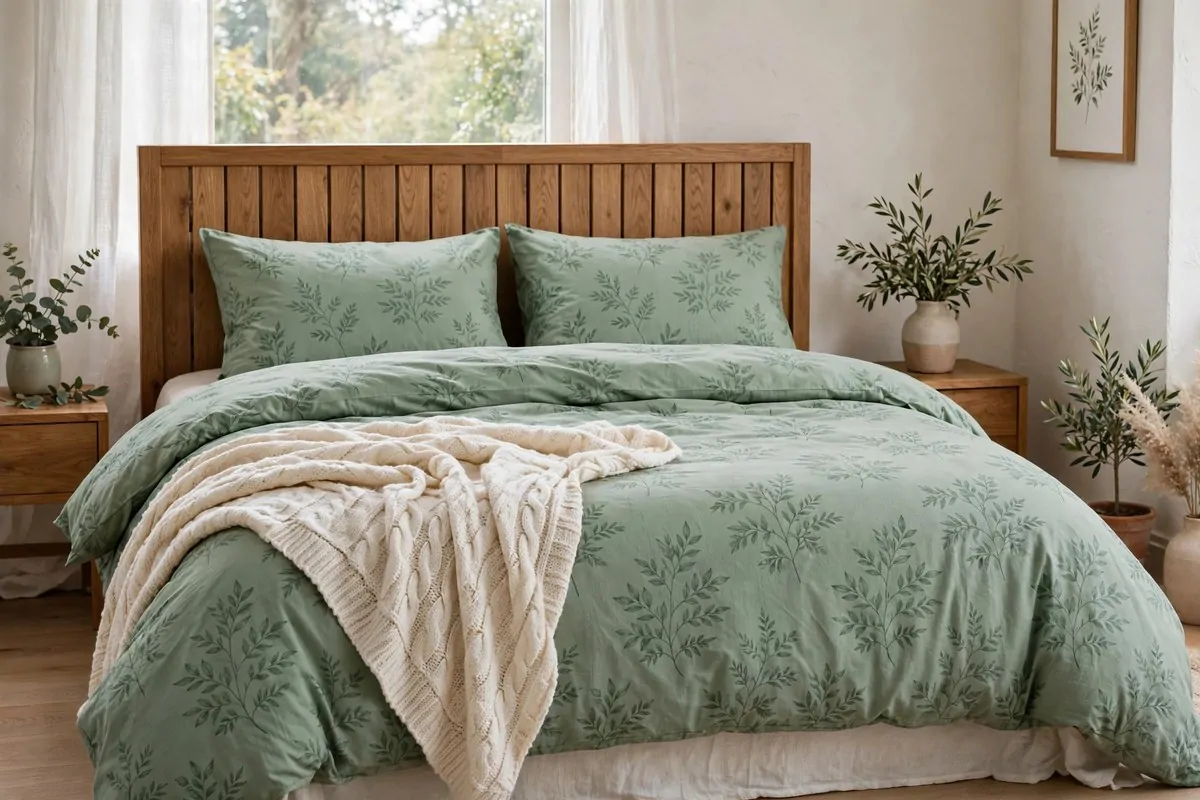 15 Greenery Bedroom Ideas That Will Turn Your Room Into a Dreamy Indoor Oasis! 12 Bed with sage green leafy patterned bedding and green throw pillows