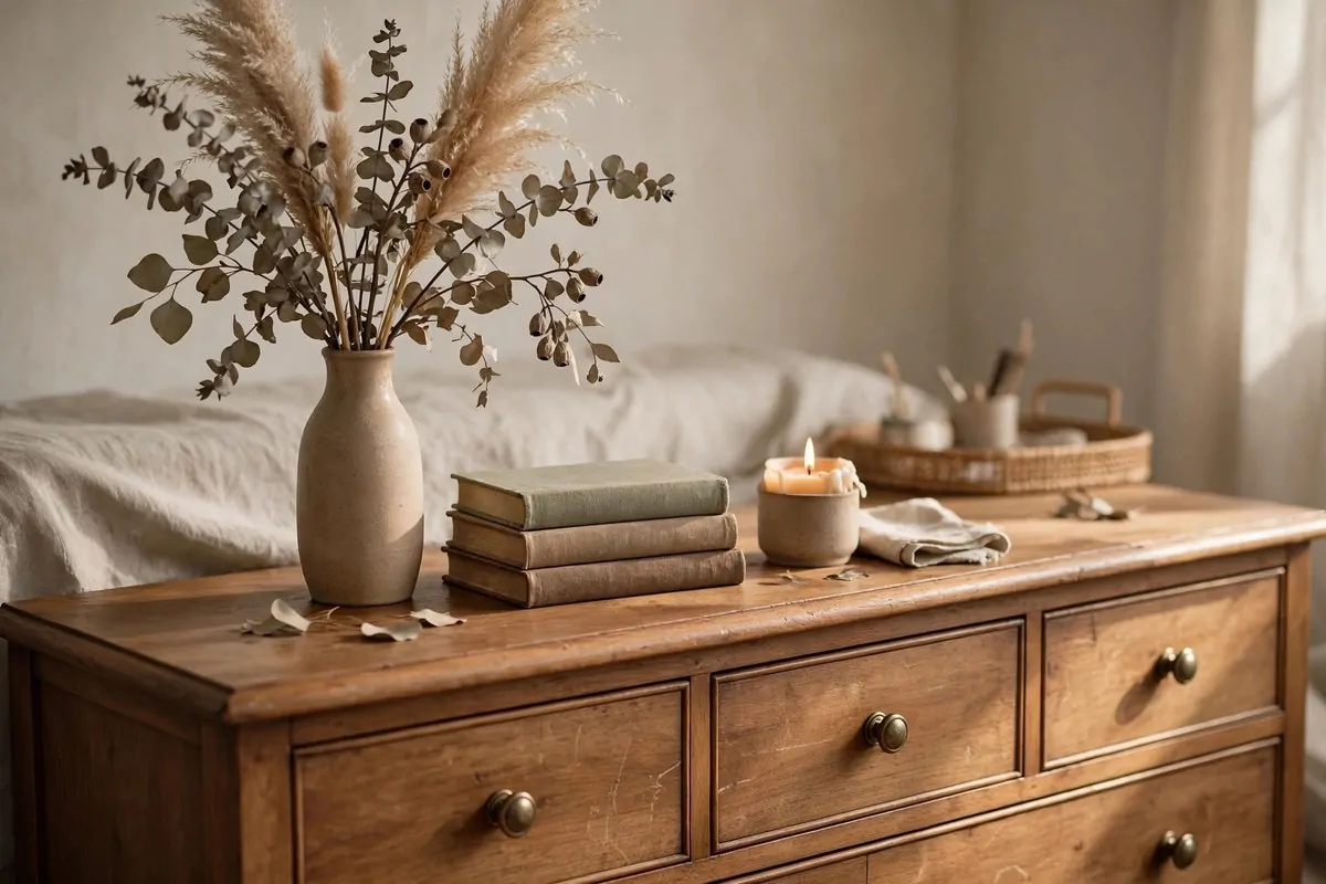 15 Greenery Bedroom Ideas That Will Turn Your Room Into a Dreamy Indoor Oasis! 13 Tall vase with dried eucalyptus and pampas grass on a bedroom dresser