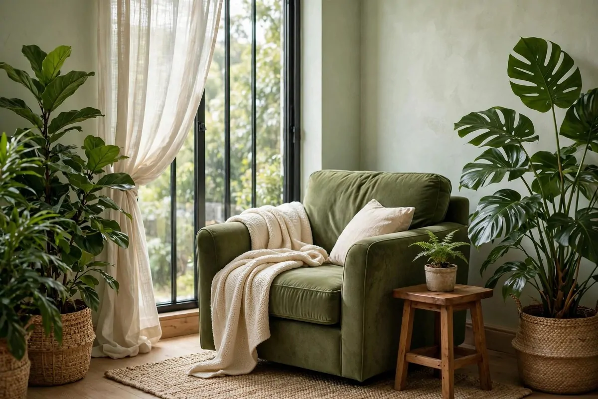 15 Greenery Bedroom Ideas That Will Turn Your Room Into a Dreamy Indoor Oasis! 14 Cozy bedroom reading nook armchair surrounded by leafy plants near a window