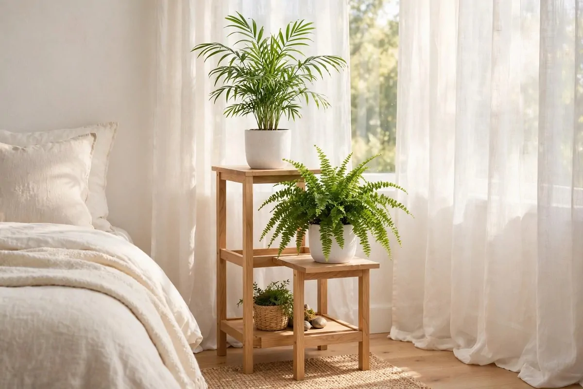 15 Greenery Bedroom Ideas That Will Turn Your Room Into a Dreamy Indoor Oasis! 15 Pet-safe parlor palm and Boston fern in a bright bedroom corner