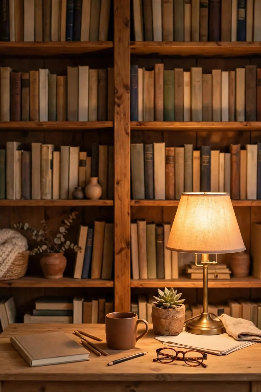 15 Home Office Library Ideas Cozy Enough for Book Lovers 1 A tall wooden bookshelf filled with books behind a small home office desk, warm lamp glowing on the desk