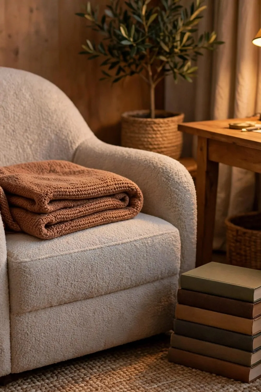 15 Home Office Library Ideas Cozy Enough for Book Lovers 2 A soft reading chair with a folded blanket and a stack of books beside a home office desk