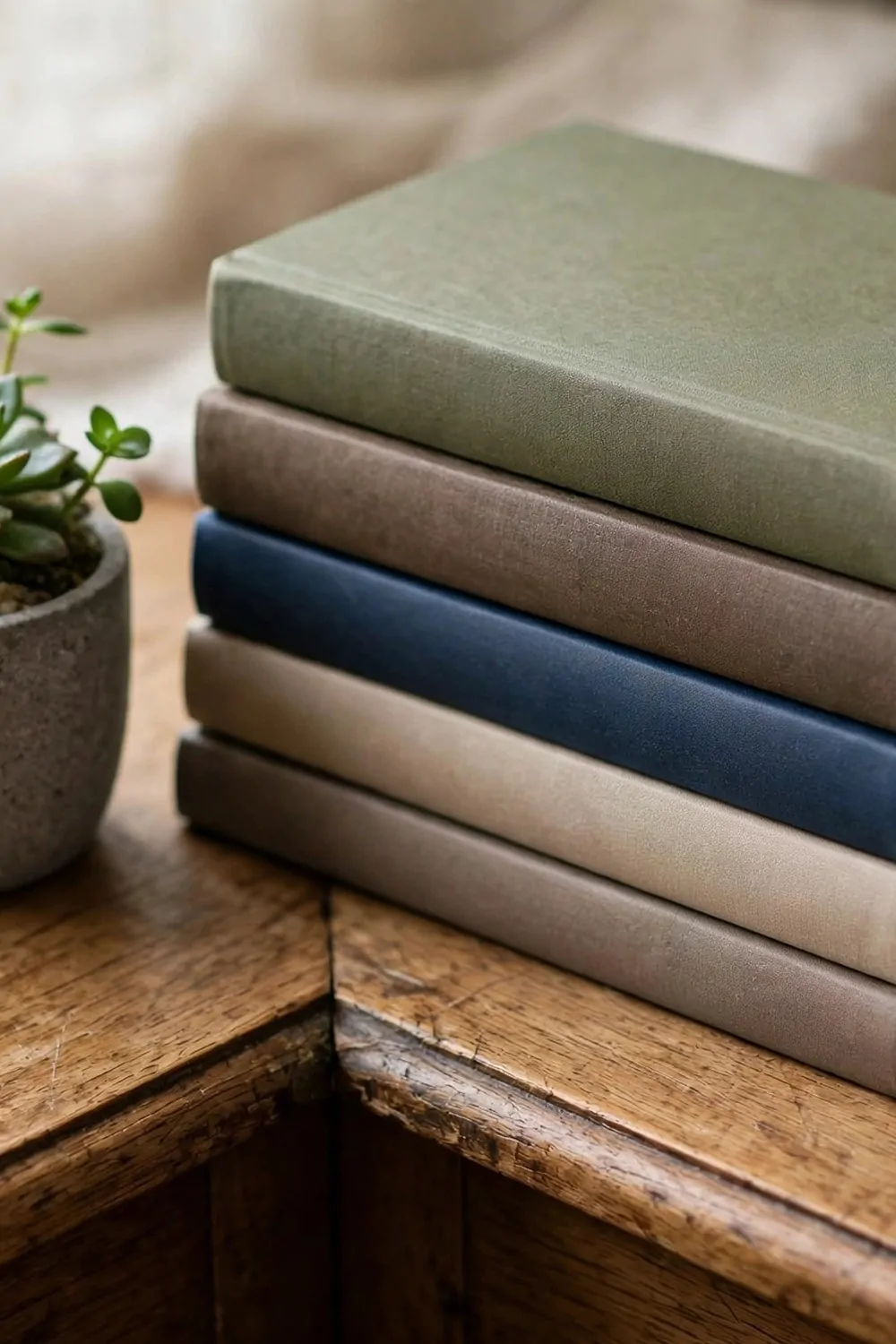 15 Home Office Library Ideas Cozy Enough for Book Lovers 3 A neat stack of hardback books on the corner of a wooden desk, small plant beside them