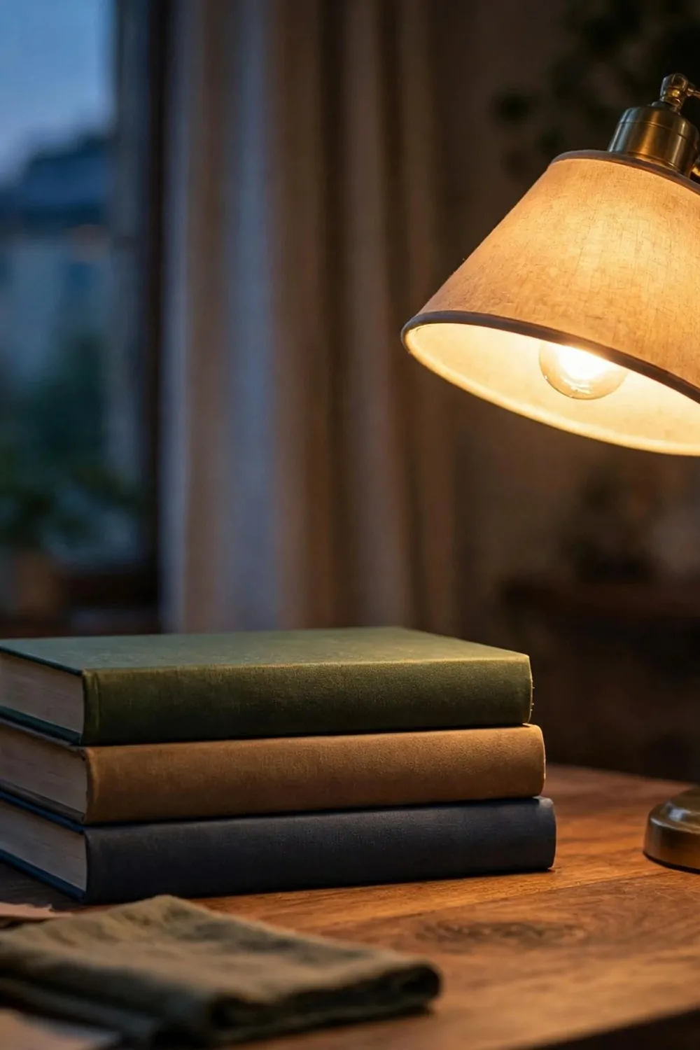 15 Home Office Library Ideas Cozy Enough for Book Lovers 4 A warm glowing desk lamp beside a stack of books on a home office desk at dusk