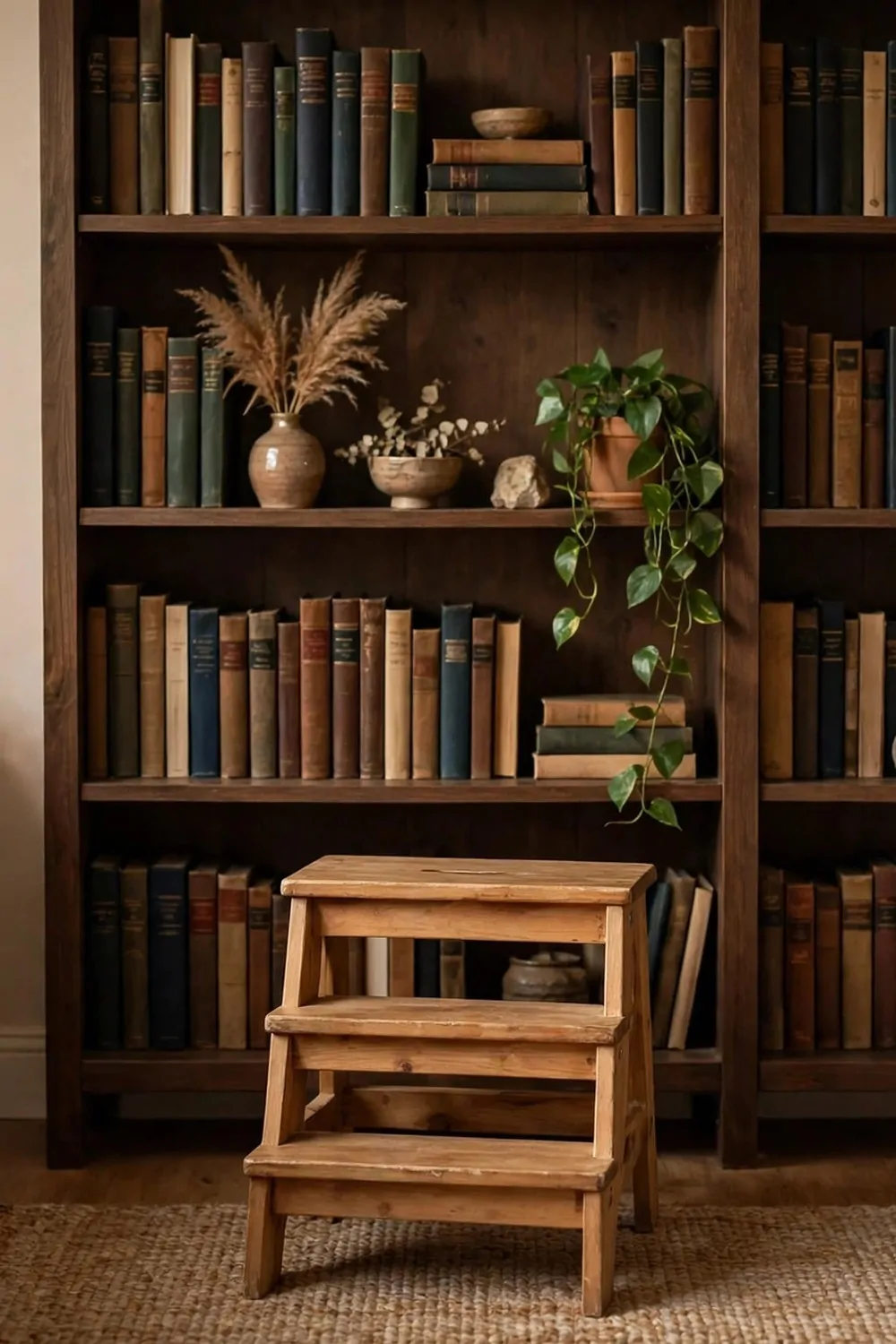15 Home Office Library Ideas Cozy Enough for Book Lovers 5 A small wooden step stool in front of a tall bookshelf in a cozy home office