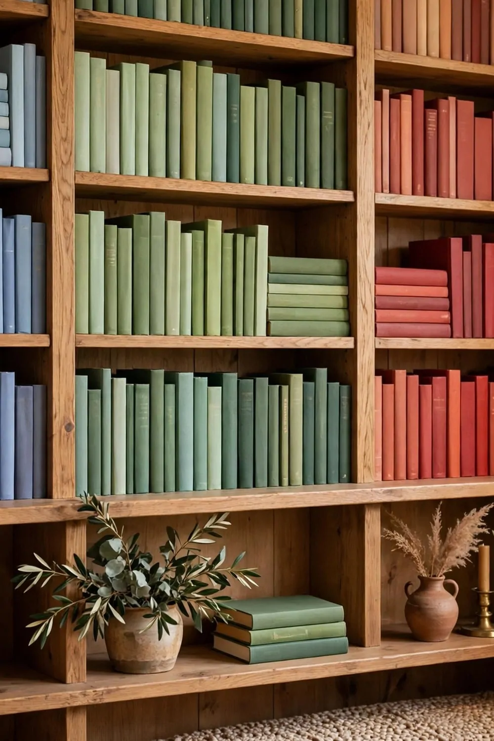 15 Home Office Library Ideas Cozy Enough for Book Lovers 6 Books arranged by colour on wooden shelves, soft blues greens and warm reds grouped together