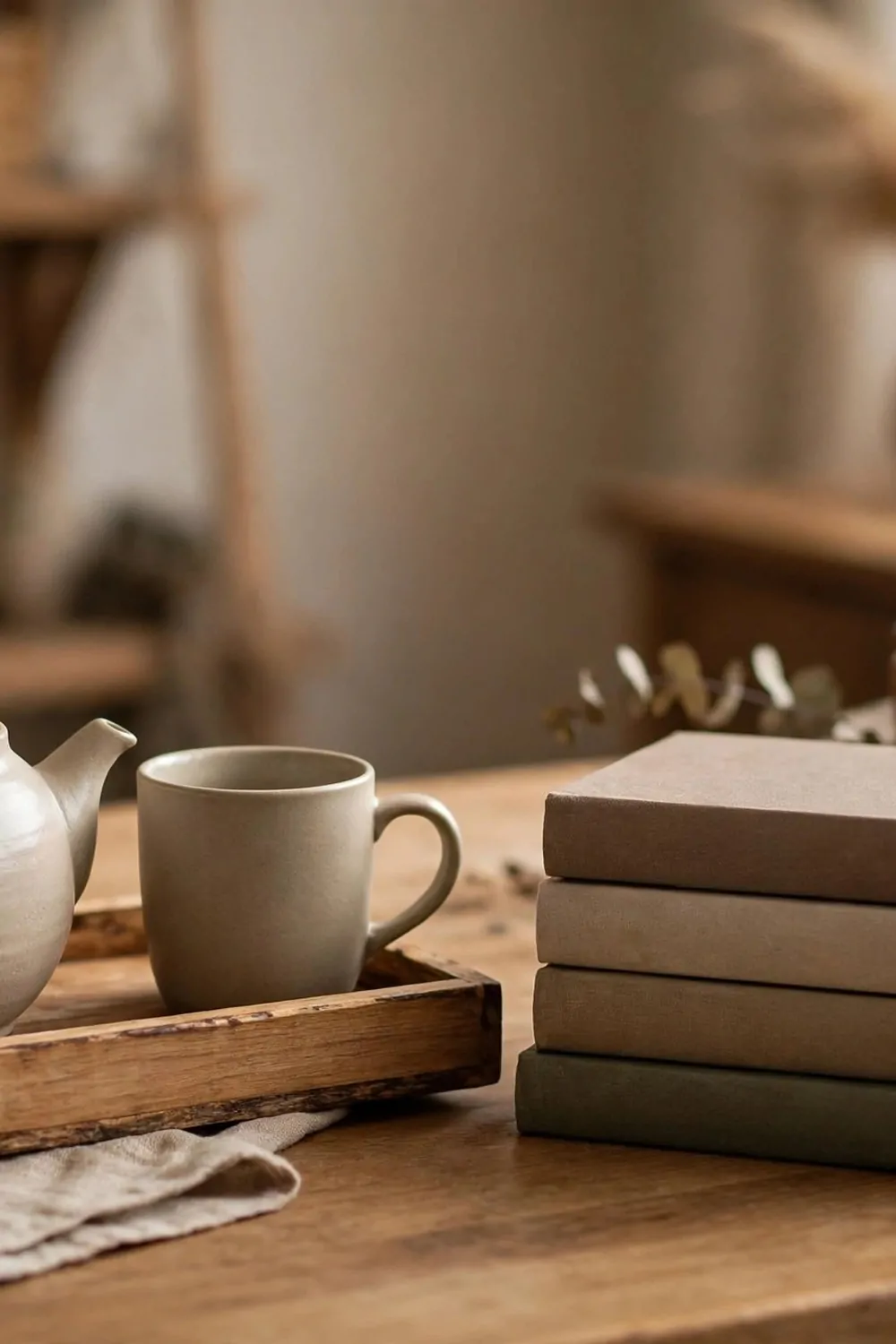 15 Home Office Library Ideas Cozy Enough for Book Lovers 7 A small wooden tray with a teapot and mug beside a stack of books on a desk