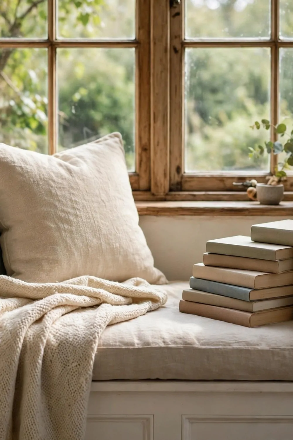 15 Home Office Library Ideas Cozy Enough for Book Lovers 8 A window seat with cushions and a pile of paperback books, soft daylight through the window