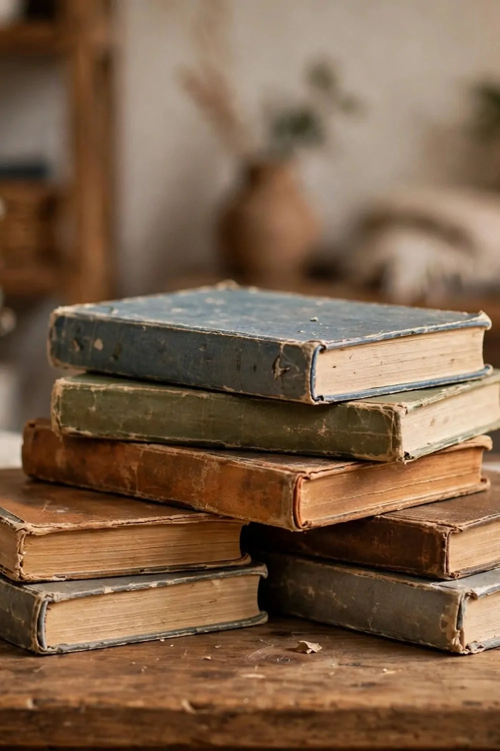 15 Home Office Library Ideas Cozy Enough for Book Lovers 10 A pile of secondhand paperback books with worn covers on a wooden desk