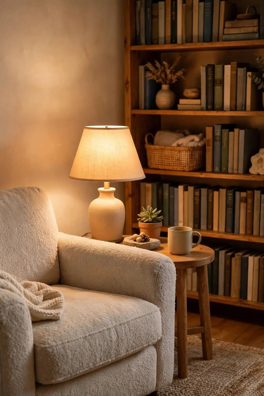 15 Home Office Library Ideas Cozy Enough for Book Lovers 11 A quiet reading corner with a soft armchair, small side table and a tall bookshelf