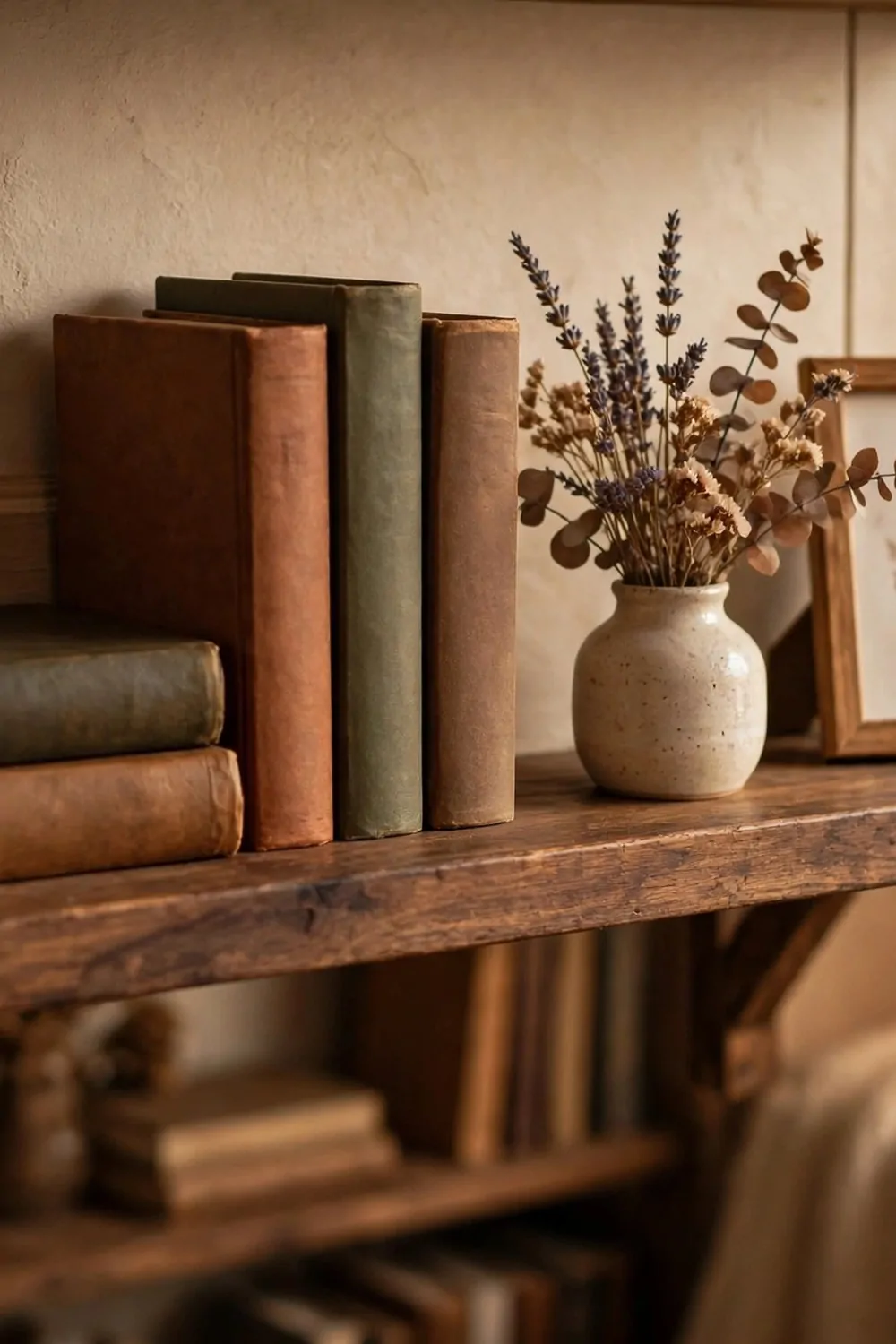 15 Home Office Library Ideas Cozy Enough for Book Lovers 12 A special shelf with a few favourite books, a small vase with dried flowers and a small framed picture