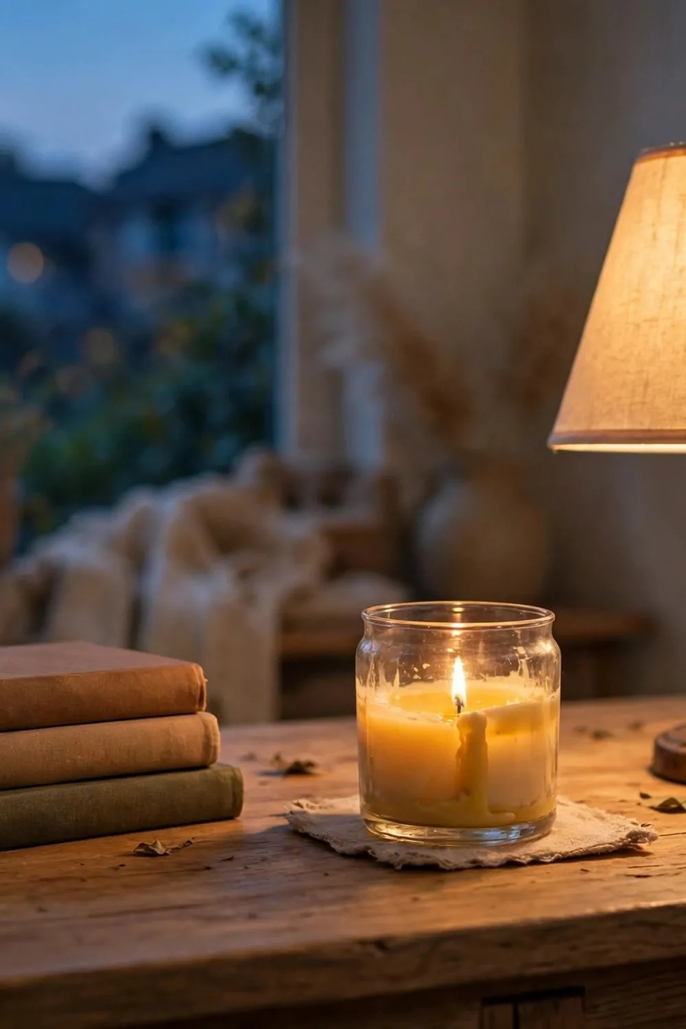 15 Home Office Library Ideas Cozy Enough for Book Lovers 13 A wooden desk with a small stack of books, a candle in a glass jar and a warm lamp