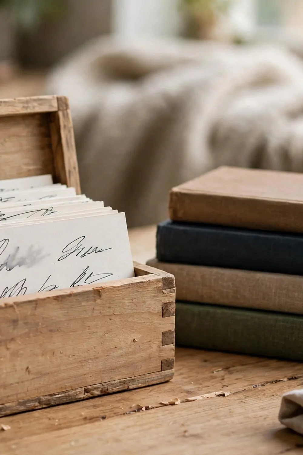 15 Home Office Library Ideas Cozy Enough for Book Lovers 14 A small handmade wooden card index box with handwritten cards beside a stack of books on a desk
