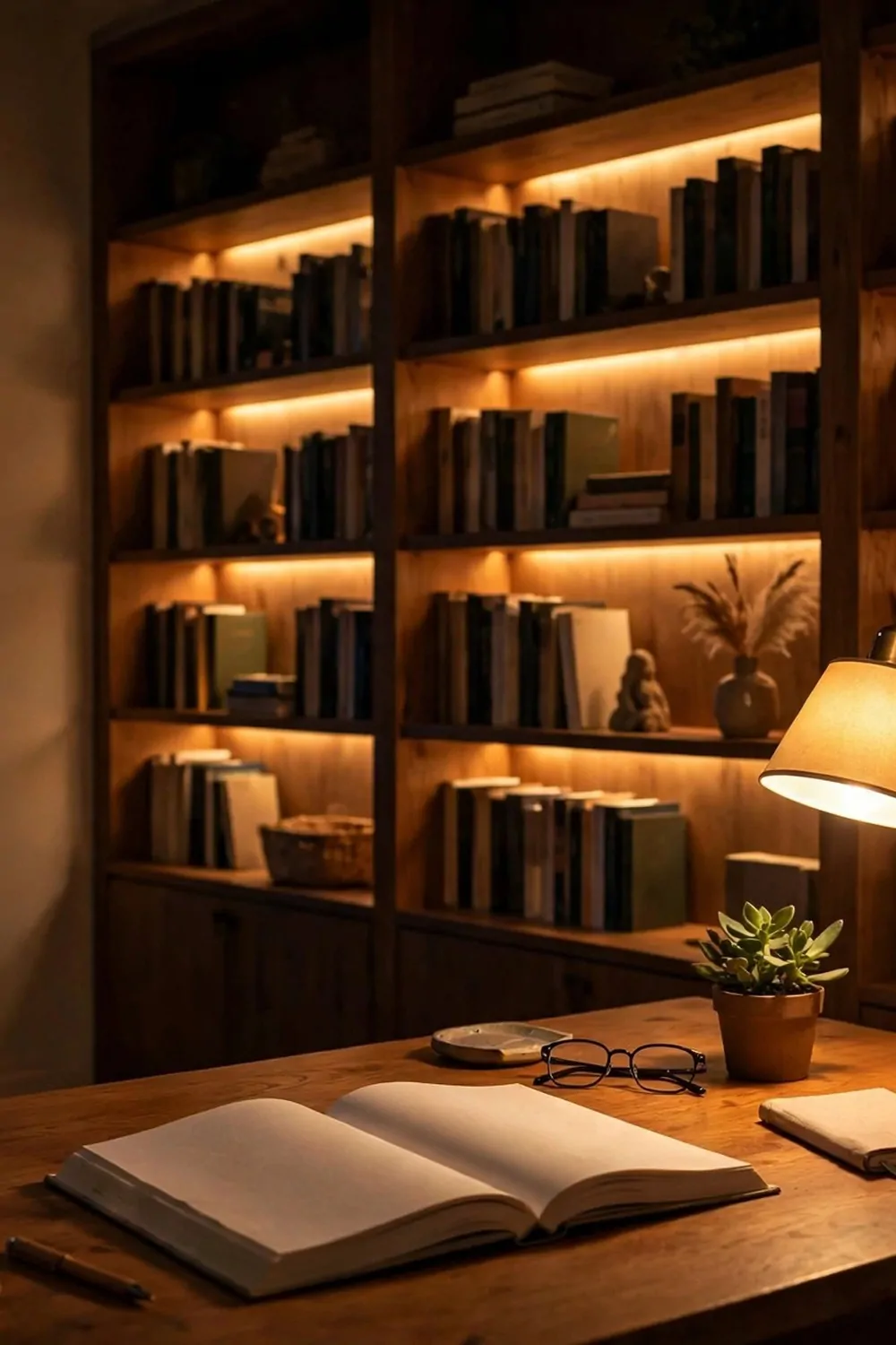 15 Home Office Library Ideas Cozy Enough for Book Lovers 15 A cozy home office at night, bookshelves glowing warm, an open book on the desk
