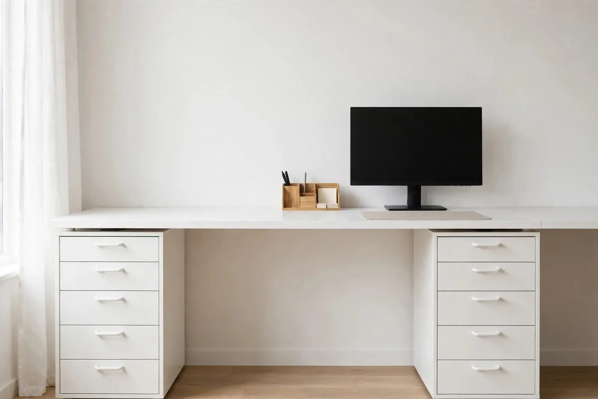 15 Ikea Built in Desk Hack Projects That Look Custom 1 white ALEX drawer desk with long light wood top running wall to wall