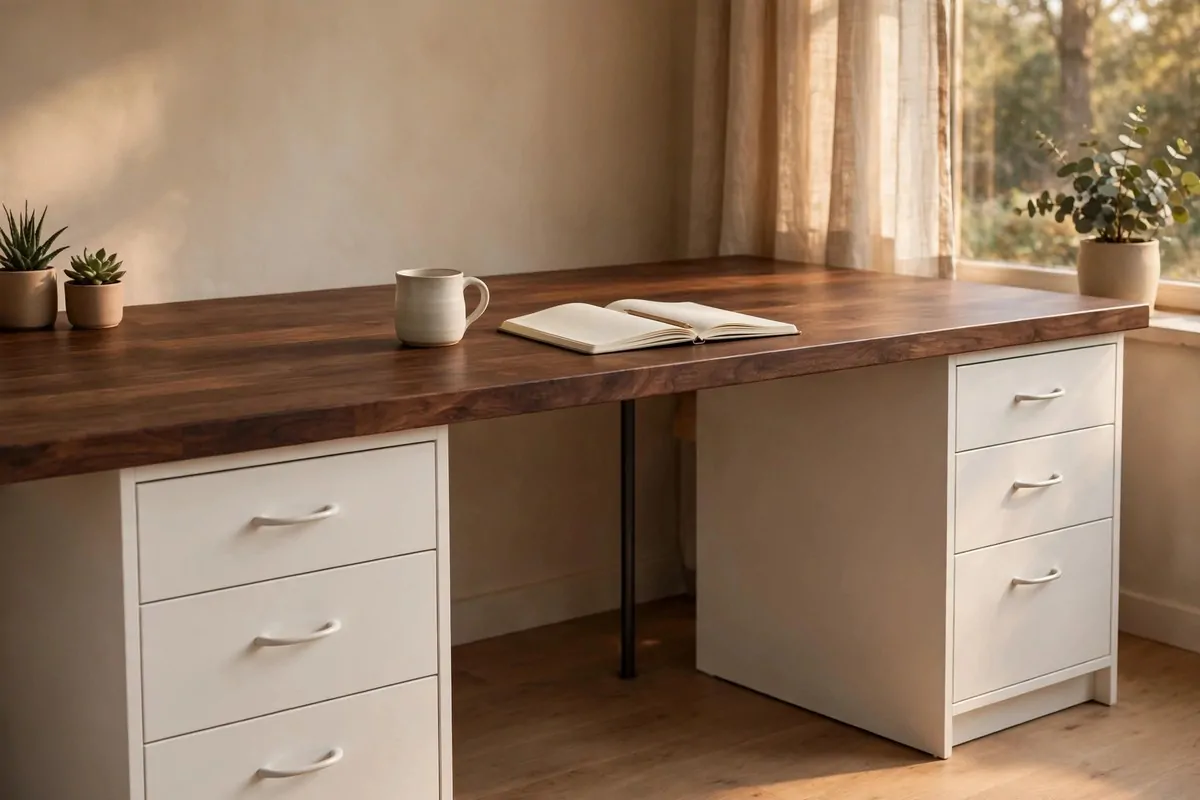 15 Ikea Built in Desk Hack Projects That Look Custom 2 walnut countertop desk on white ALEX drawers with middle support leg