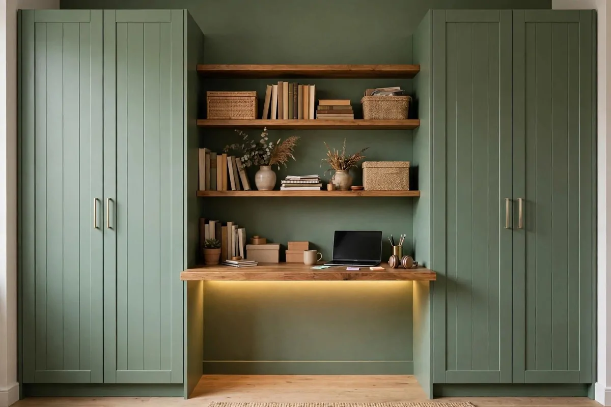 15 Ikea Built in Desk Hack Projects That Look Custom 3 floating wood desk between two green painted PAX wardrobes