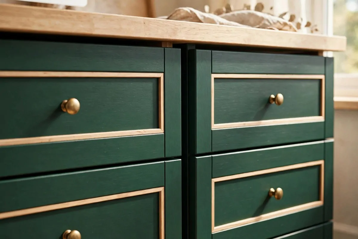 15 Ikea Built in Desk Hack Projects That Look Custom 4 green painted ALEX drawers with shaker trim and brass knobs under wood desk top