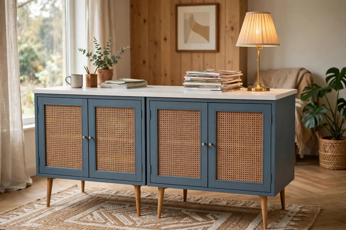 15 Ikea Built in Desk Hack Projects That Look Custom 5 mid-century desk with blue painted BESTA cabinets and rattan doors