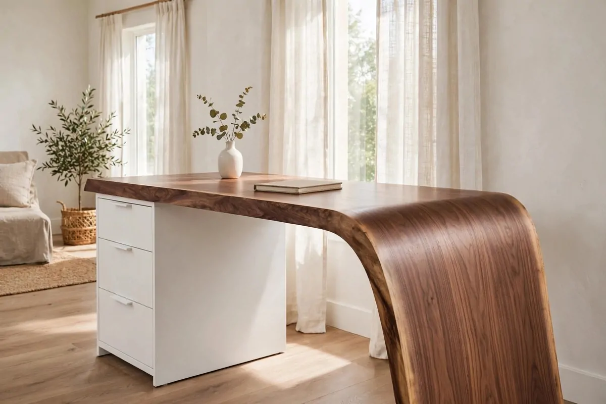 15 Ikea Built in Desk Hack Projects That Look Custom 6 walnut desk with waterfall edge panel on one side and ALEX drawers on the other