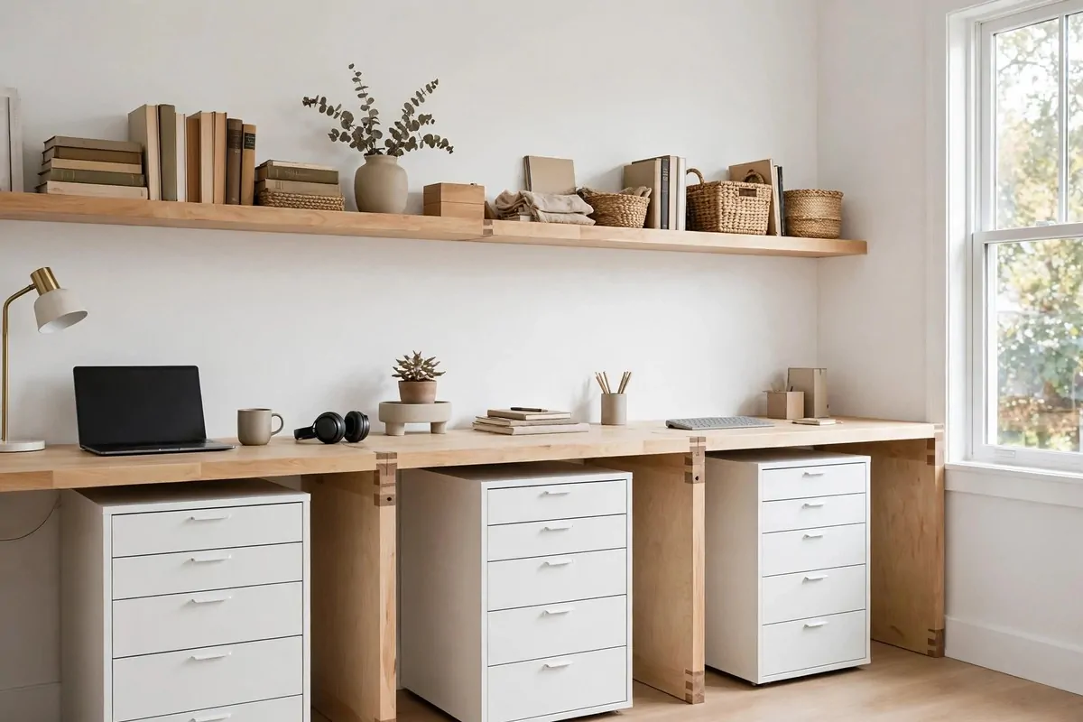15 Ikea Built in Desk Hack Projects That Look Custom 7 long wall-to-wall desk on ALEX filing cabinets with office shelf above