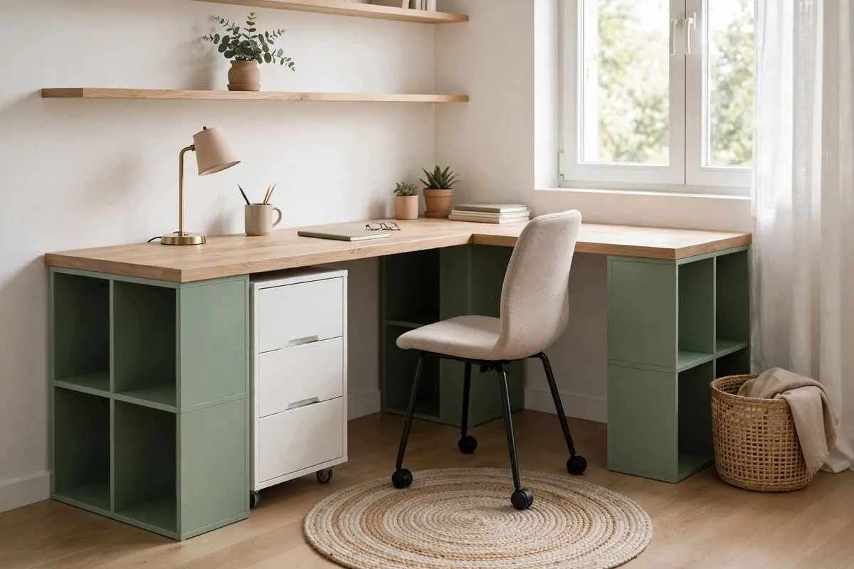 15 Ikea Built in Desk Hack Projects That Look Custom 8 L-shaped corner desk with green EKET cube storage and wood top