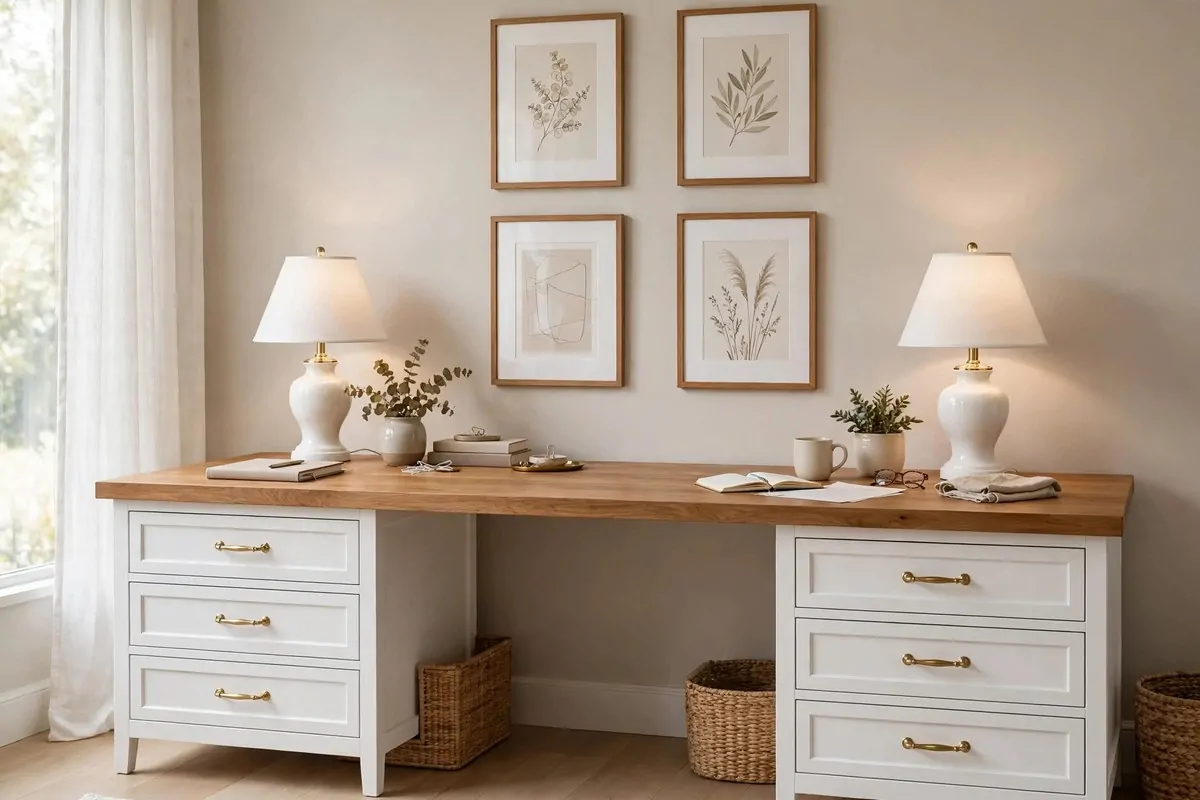 15 Ikea Built in Desk Hack Projects That Look Custom 10 elegant desk on two white HEMNES dressers with brass pulls and wood top