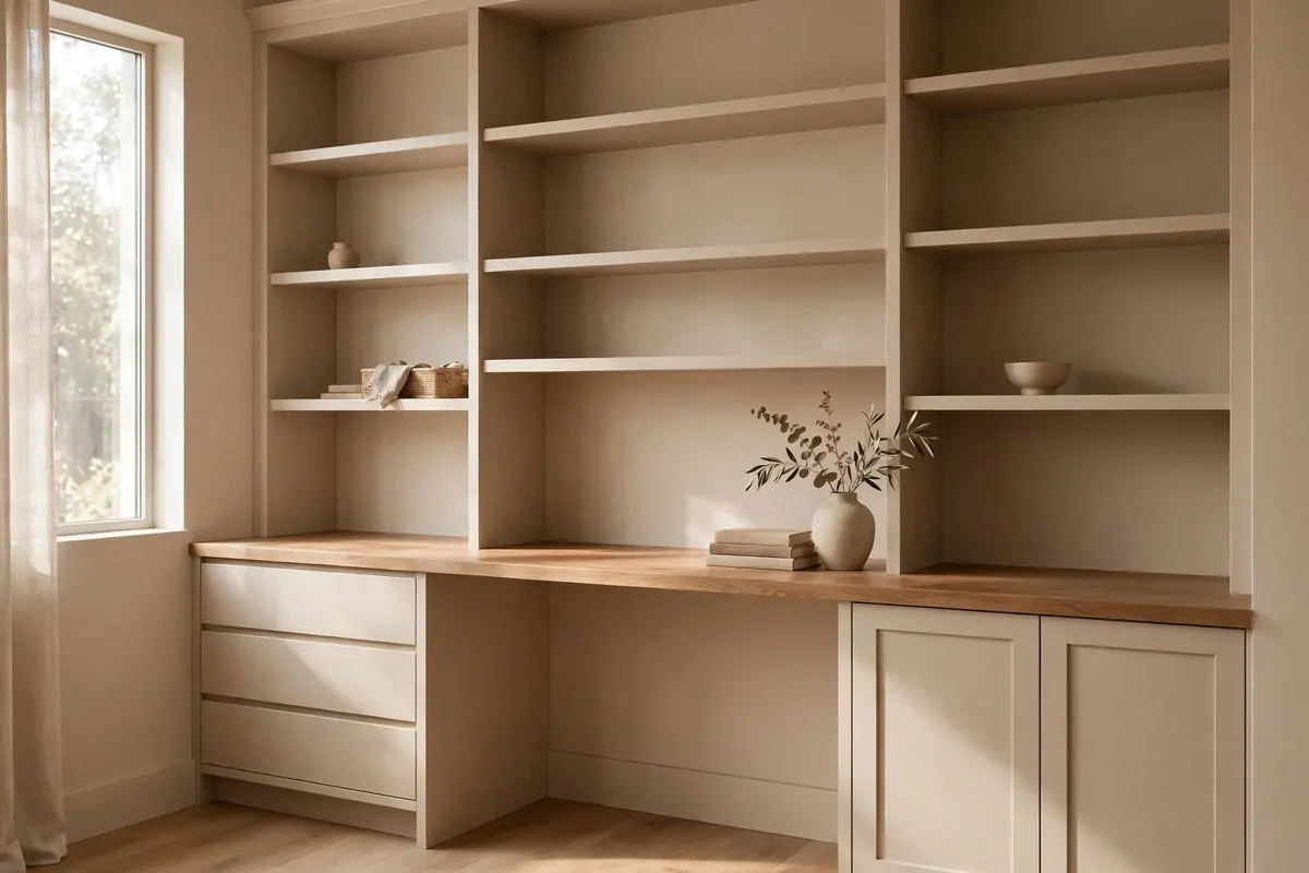 15 Ikea Built in Desk Hack Projects That Look Custom 11 monochrome office with desk and cabinets painted the same warm grey as the wall