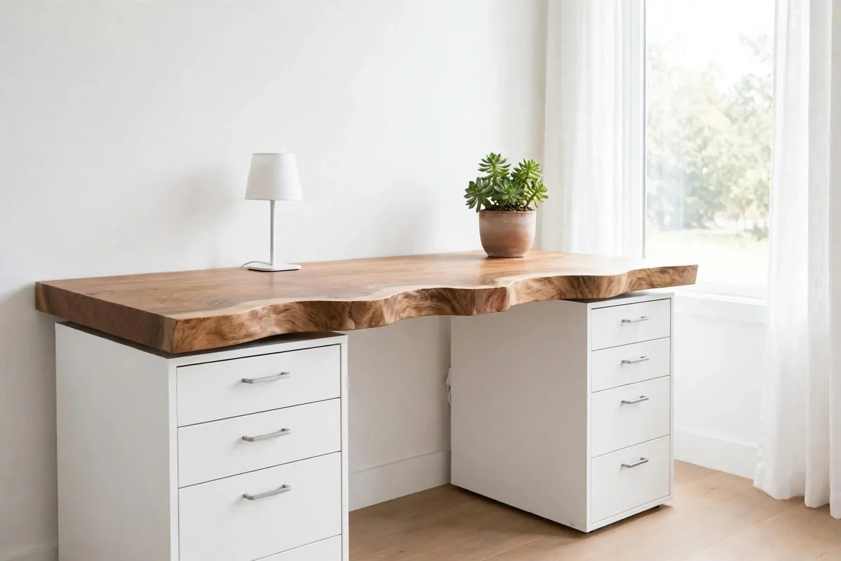 15 Ikea Built in Desk Hack Projects That Look Custom 12 live-edge wood slab desk on white ALEX drawers in bright office