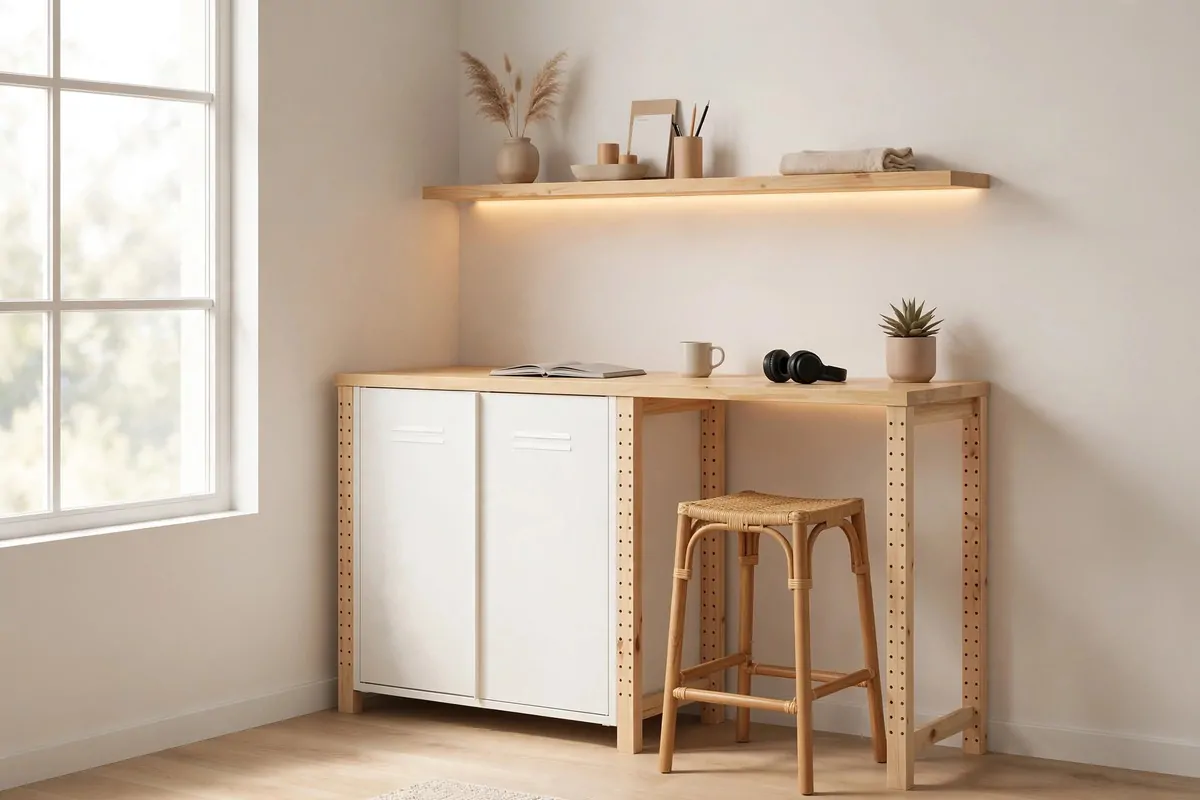 15 Ikea Built in Desk Hack Projects That Look Custom 13 tall standing desk on IVAR cabinets with shelf and warm LED light above
