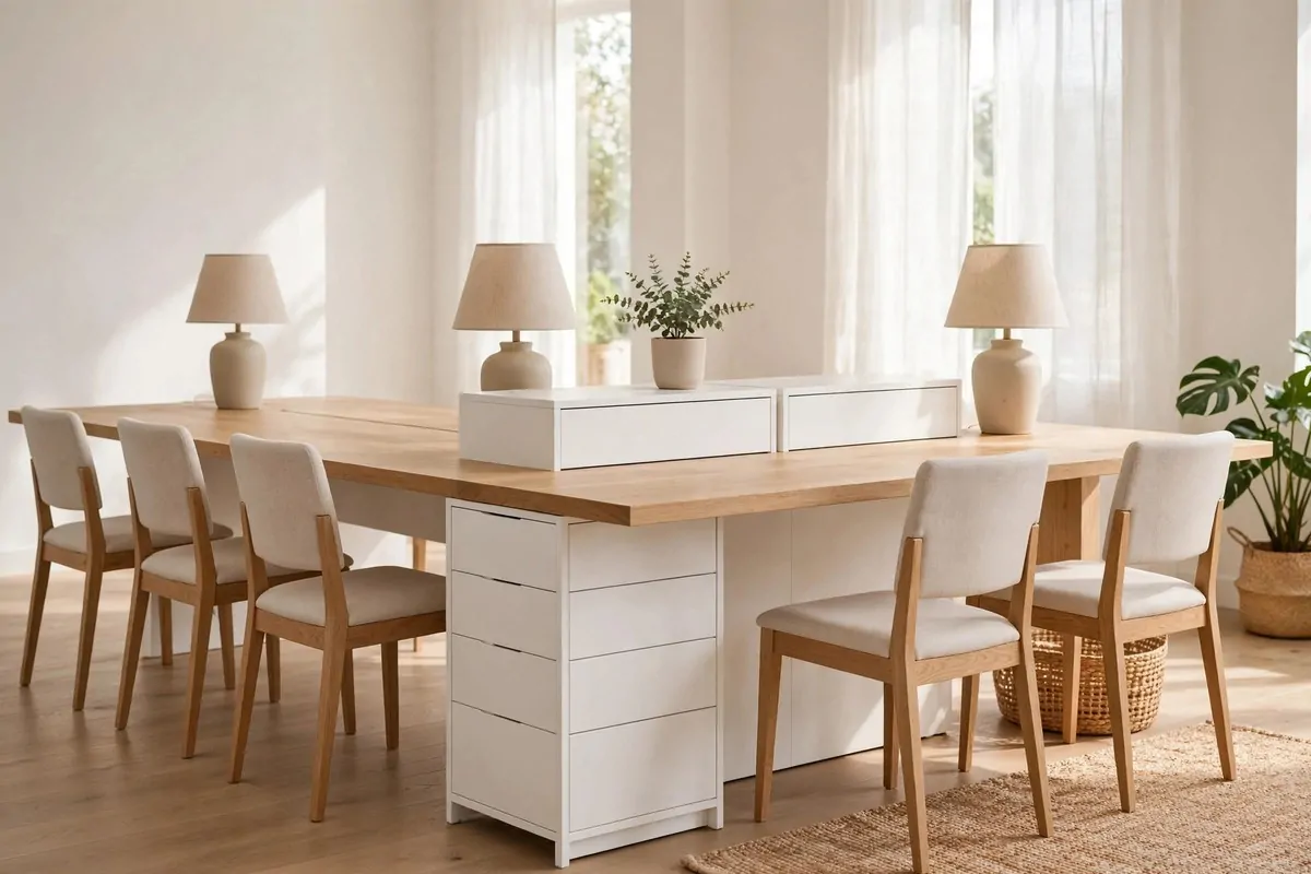 15 Ikea Built in Desk Hack Projects That Look Custom 14 extra long shared desk for two with ALEX divider unit in the middle