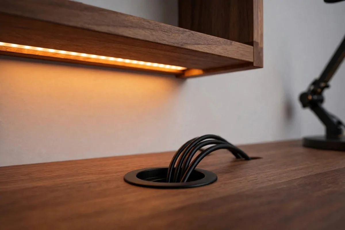 15 Ikea Built in Desk Hack Projects That Look Custom 15 close-up of desk corner with LED under-shelf light and hidden cable grommet