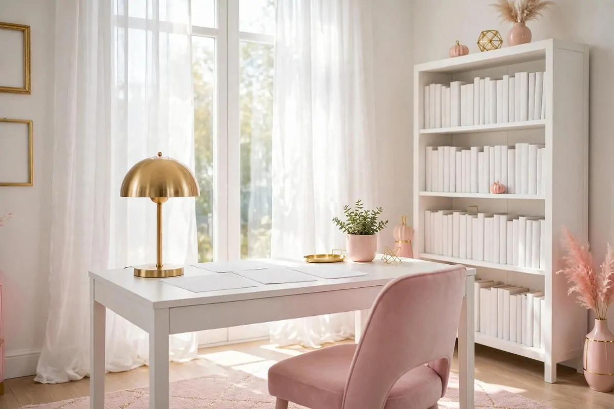A bright white desk with a gold dome lamp and blank papers, a blush pink chair in the foreground, sheer-curtained tall windows, and a white bookshelf filled with plain blank-spined books with pink and gold accents and a small potted plant.
